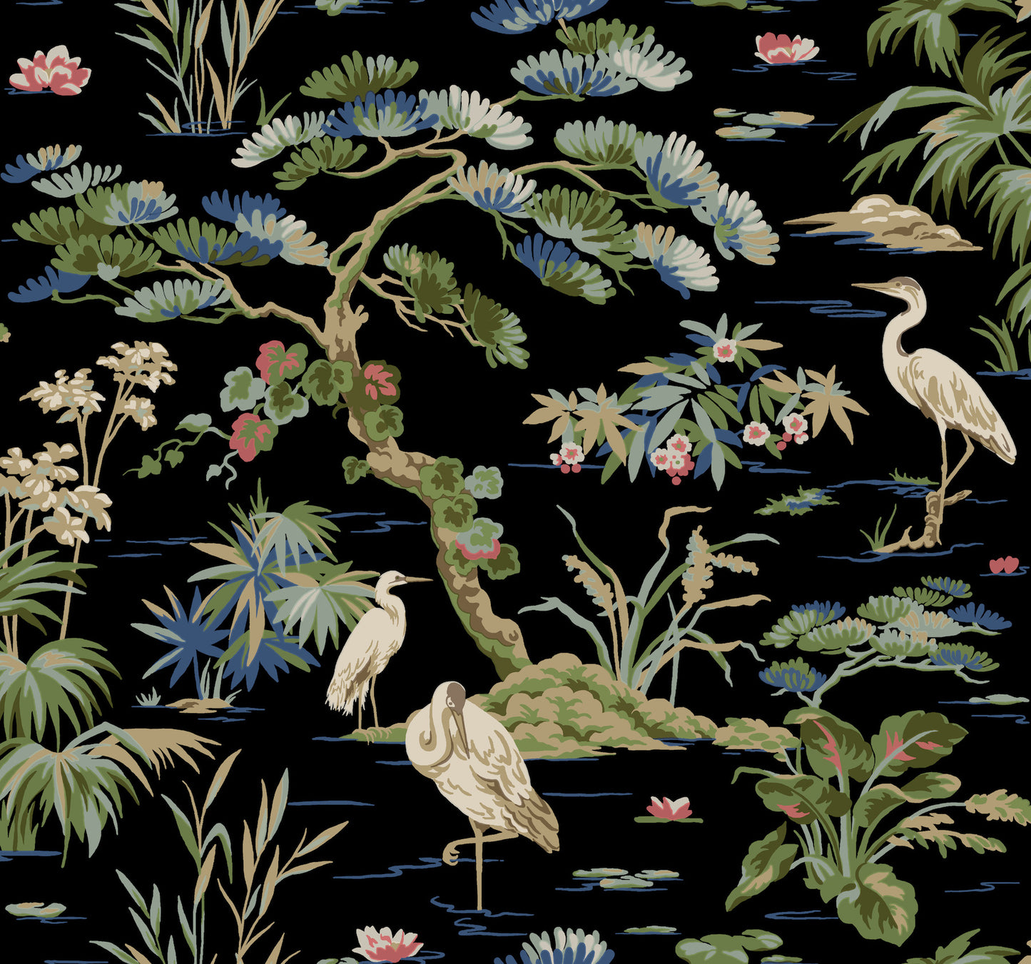 Chinoiserie garden wallpaper pattern with cranes, lotus flowers, palms and water on black background.