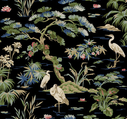 Chinoiserie garden wallpaper pattern with cranes, lotus flowers, palms and water on black background.