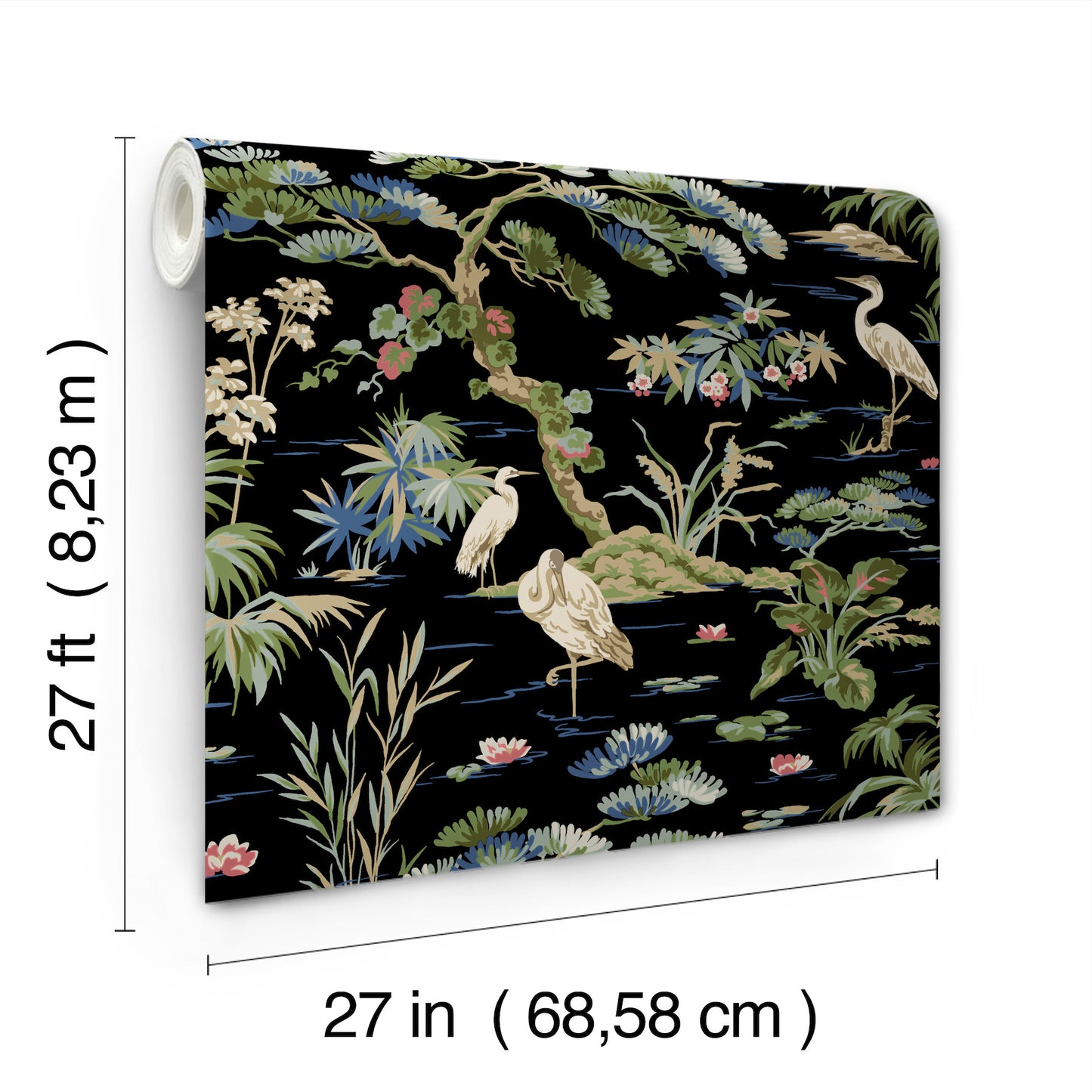 Wallpaper roll with a black background, featuring an Asian garden motif of cranes, bamboo, lotus and lush foliage in greens and pastels.