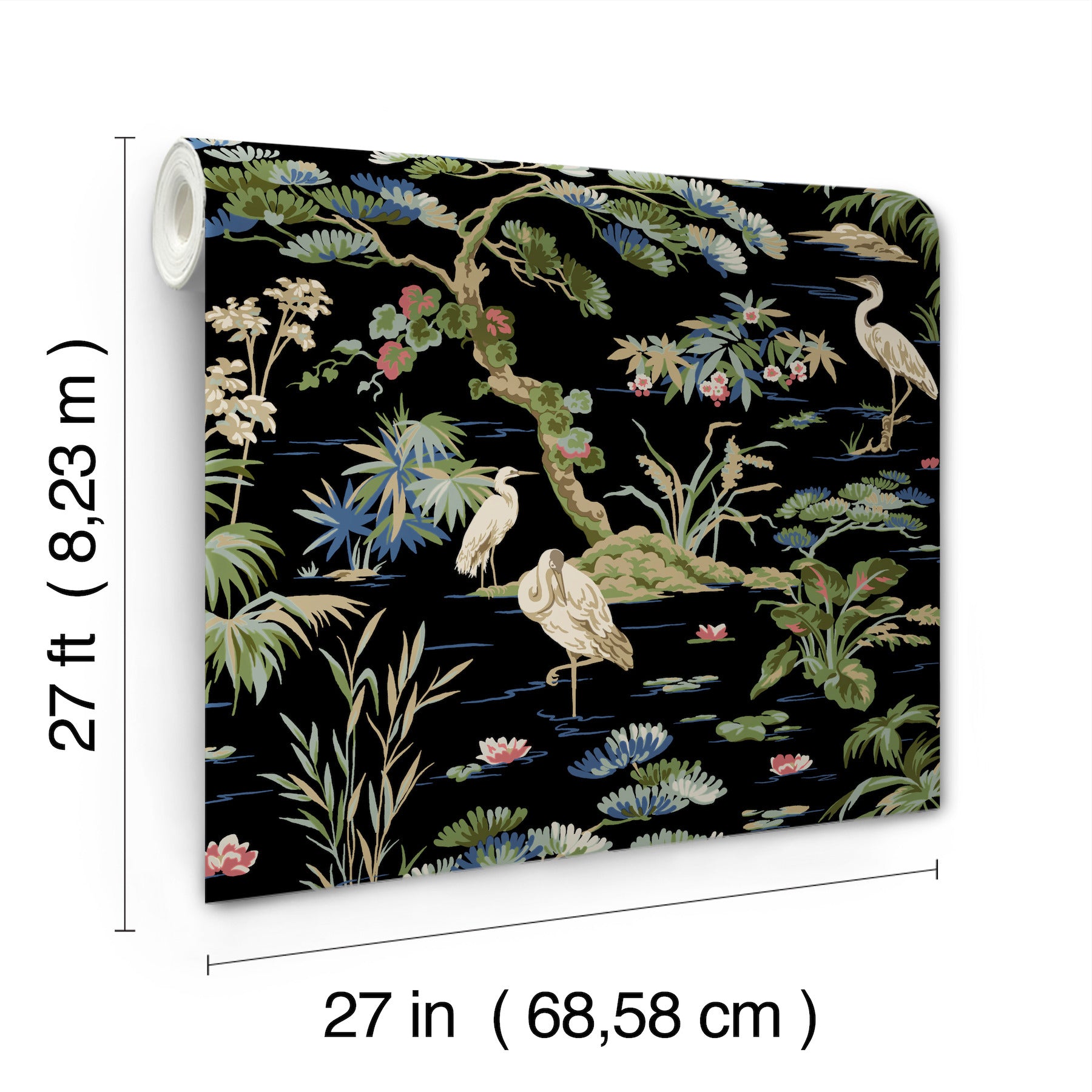 Wallpaper roll with a black background, featuring an Asian garden motif of cranes, bamboo, lotus and lush foliage in greens and pastels.
