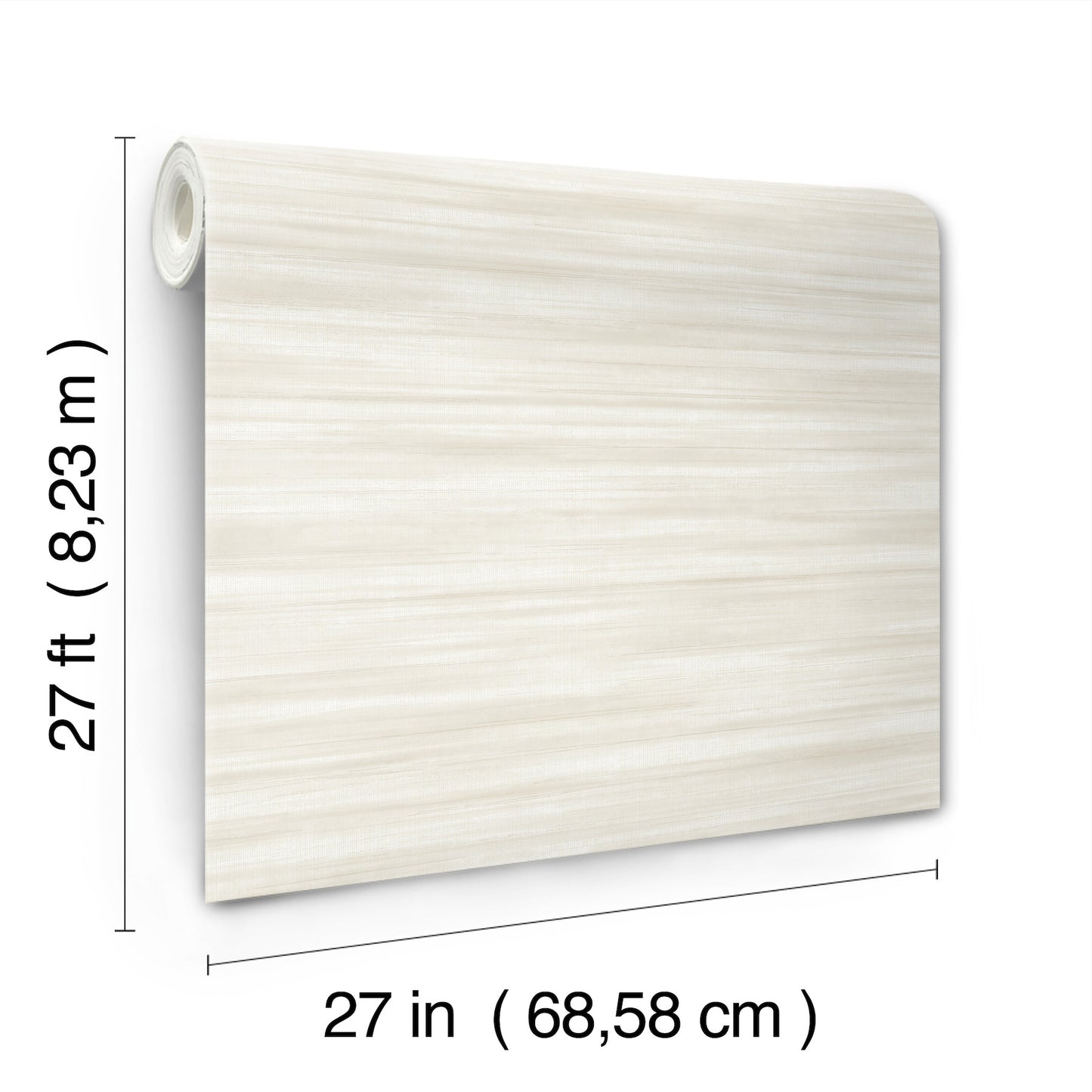 Brushed linen white wallpaper sample, vinyl finish, 27 in square with rolled left edge.