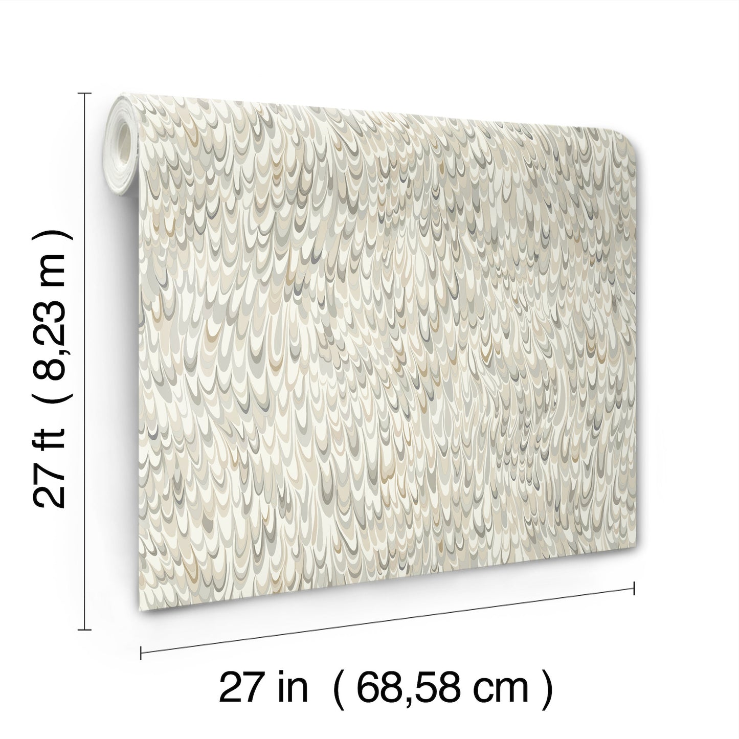 Cream-beige wallpaper roll with subtle scalloped teardrop/scale pattern, rolled edge; 27 ft long by 27 in wide.