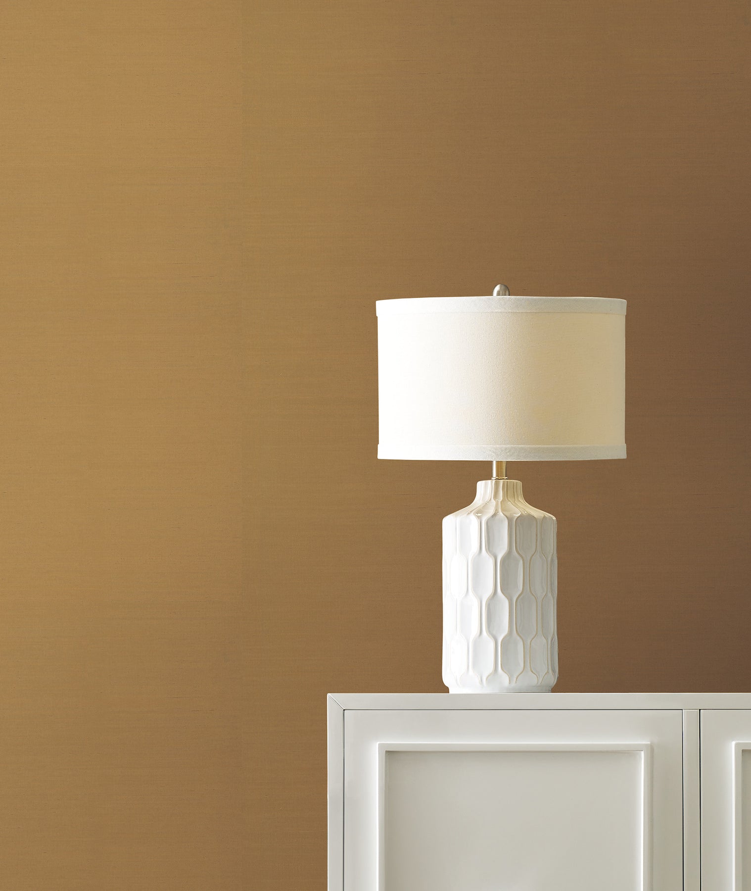 Grasscloth wallpaper in Dijon yellow with a natural sisal-weave texture.
