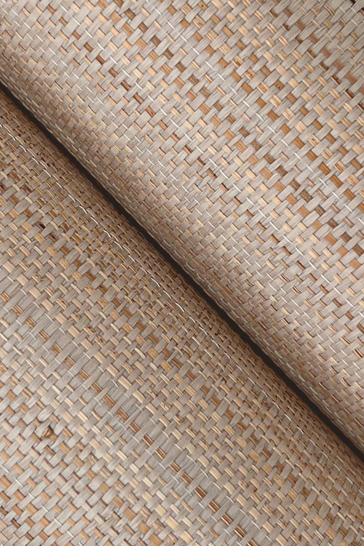 Beige taupe grasscloth wallpaper with natural abaca fibers, subtle woven basket-weave texture.