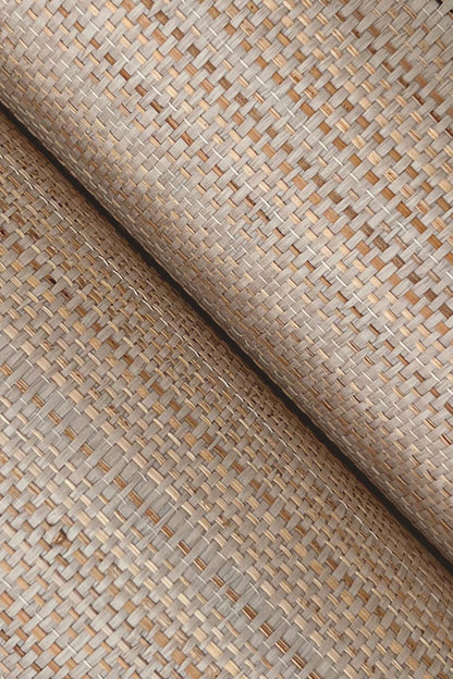 Beige taupe grasscloth wallpaper with natural abaca fibers, subtle woven basket-weave texture.