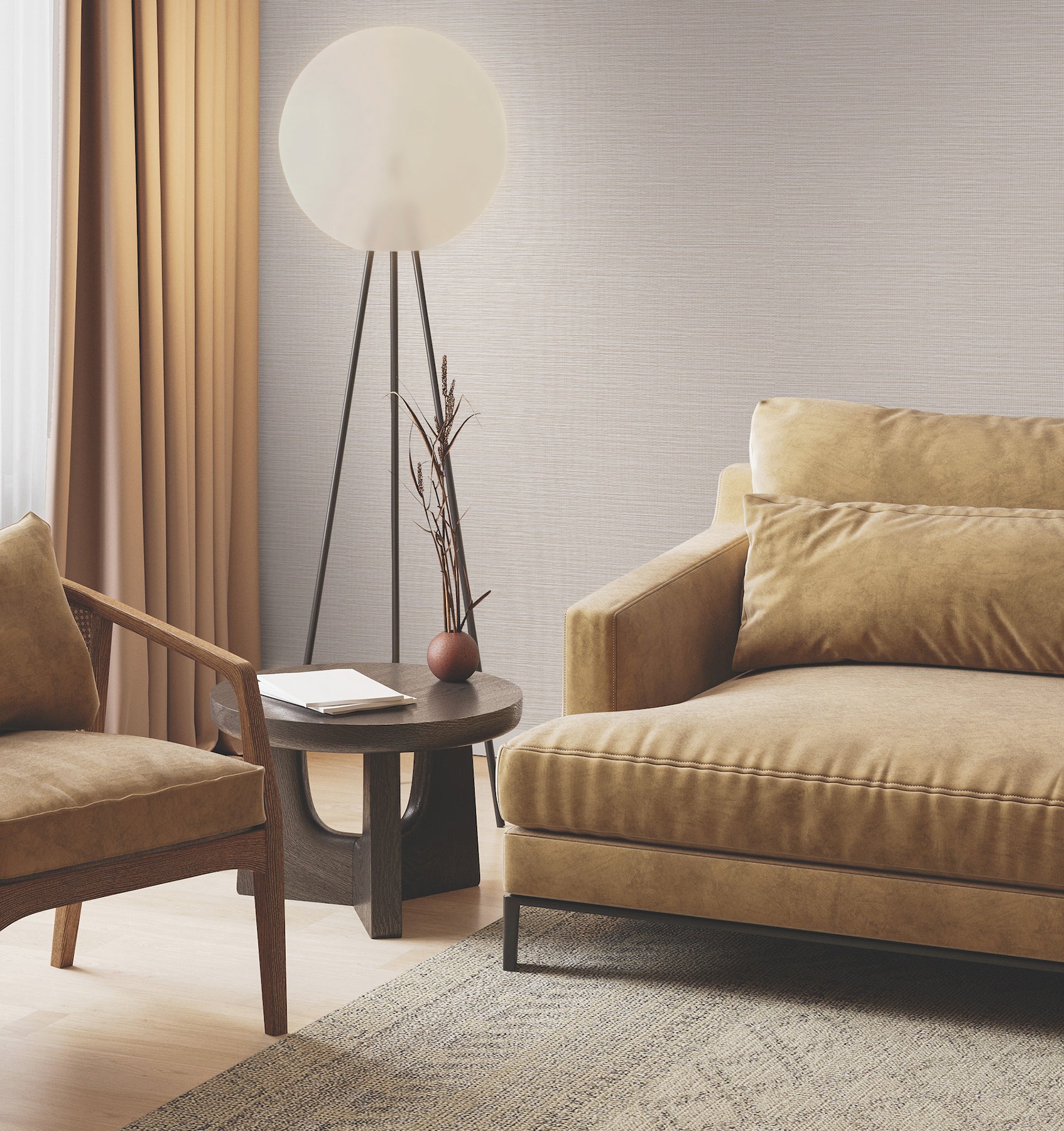 Taupe grasscloth wallpaper with a natural paperweave texture; product code GV0225.