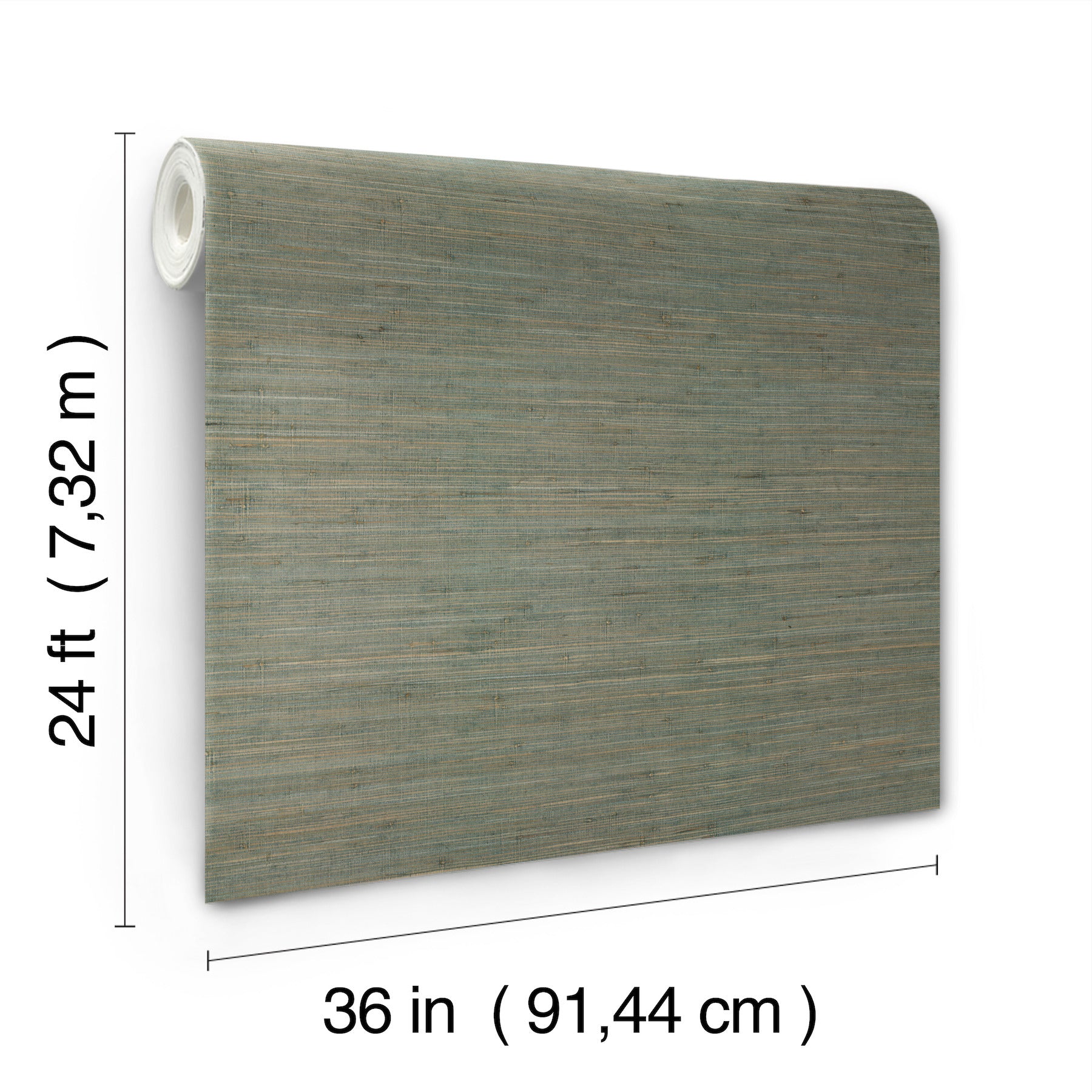 Grasscloth wallpaper roll, knotted spruce green; rolled on white core; 36in wide by 24ft long.