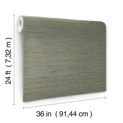 Grasscloth wallpaper roll, knotted spruce green; rolled on white core; 36in wide by 24ft long.
