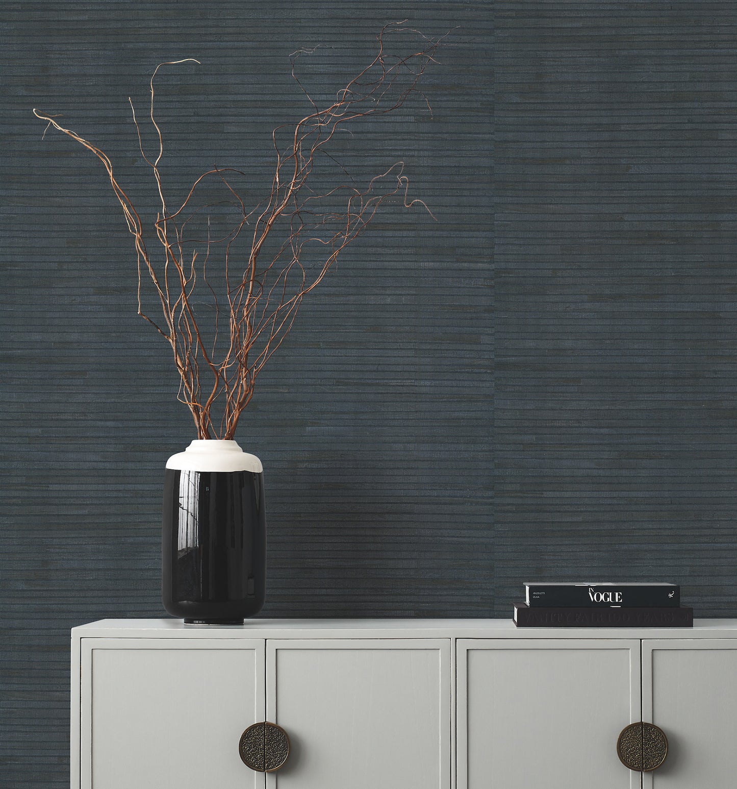 York Wallcoverings Grasscloth and Natural Resource Hyacinth Leaf Navy Wallpaper Traditional Novelty Blacks   - GV0237