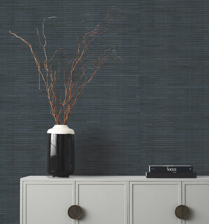 York Wallcoverings Grasscloth and Natural Resource Hyacinth Leaf Navy Wallpaper Traditional Novelty Blacks   - GV0237