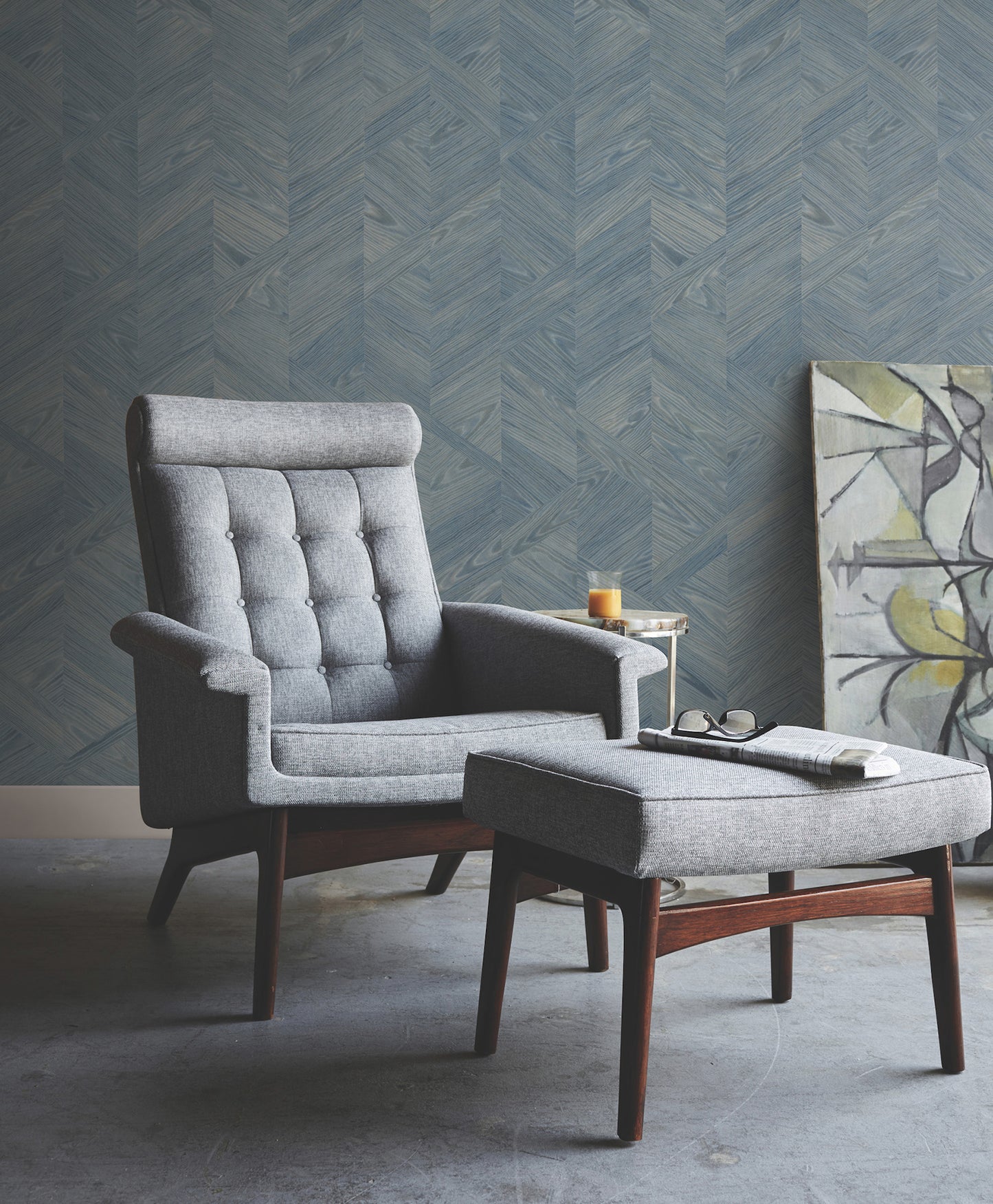 York Wallcoverings Grasscloth and Natural Resource Interlocking Wood Ocean Wallpaper Traditional Wood Veneer Blues   - GV0242