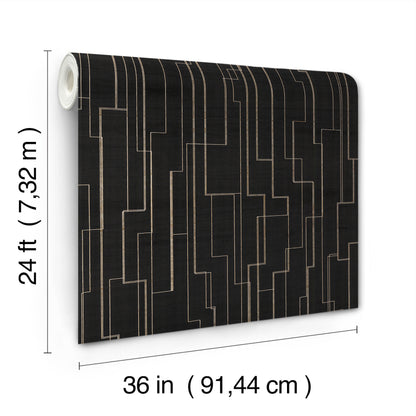 York Wallcoverings Grasscloth and Natural Resource Inlay Line Black Wallpaper Traditional Wood Veneer Blacks   - GV0256