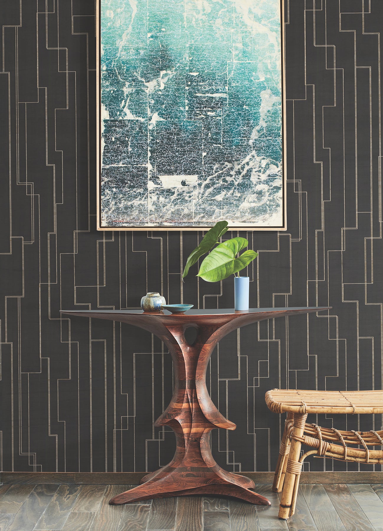 York Wallcoverings Grasscloth and Natural Resource Inlay Line Black Wallpaper Traditional Wood Veneer Blacks   - GV0256