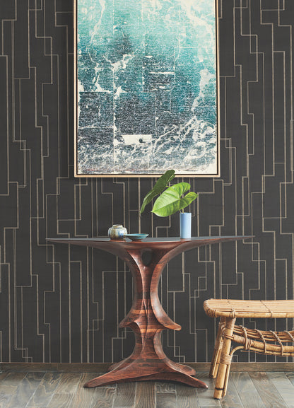 York Wallcoverings Grasscloth and Natural Resource Inlay Line Black Wallpaper Traditional Wood Veneer Blacks   - GV0256