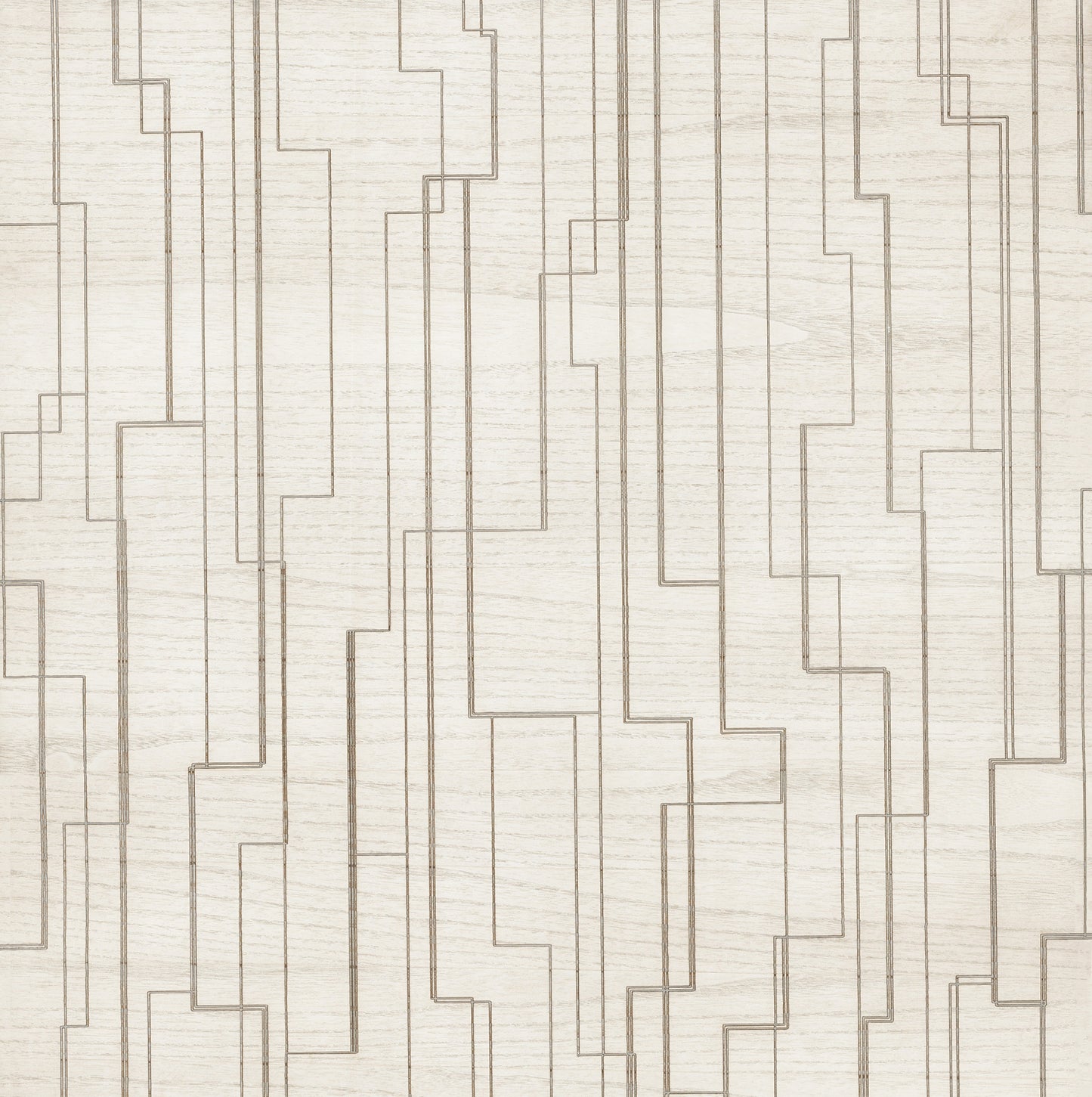 White wallpaper with a modern geometric pattern of thin taupe interlocking rectangular lines.