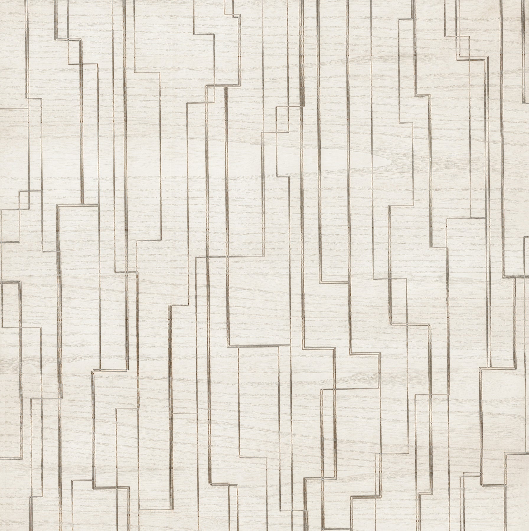 White wallpaper with a modern geometric pattern of thin taupe interlocking rectangular lines.
