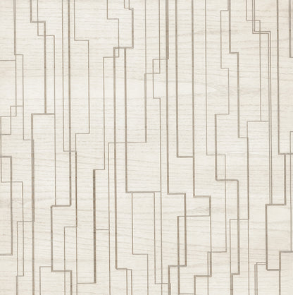 White wallpaper with a modern geometric pattern of thin taupe interlocking rectangular lines.