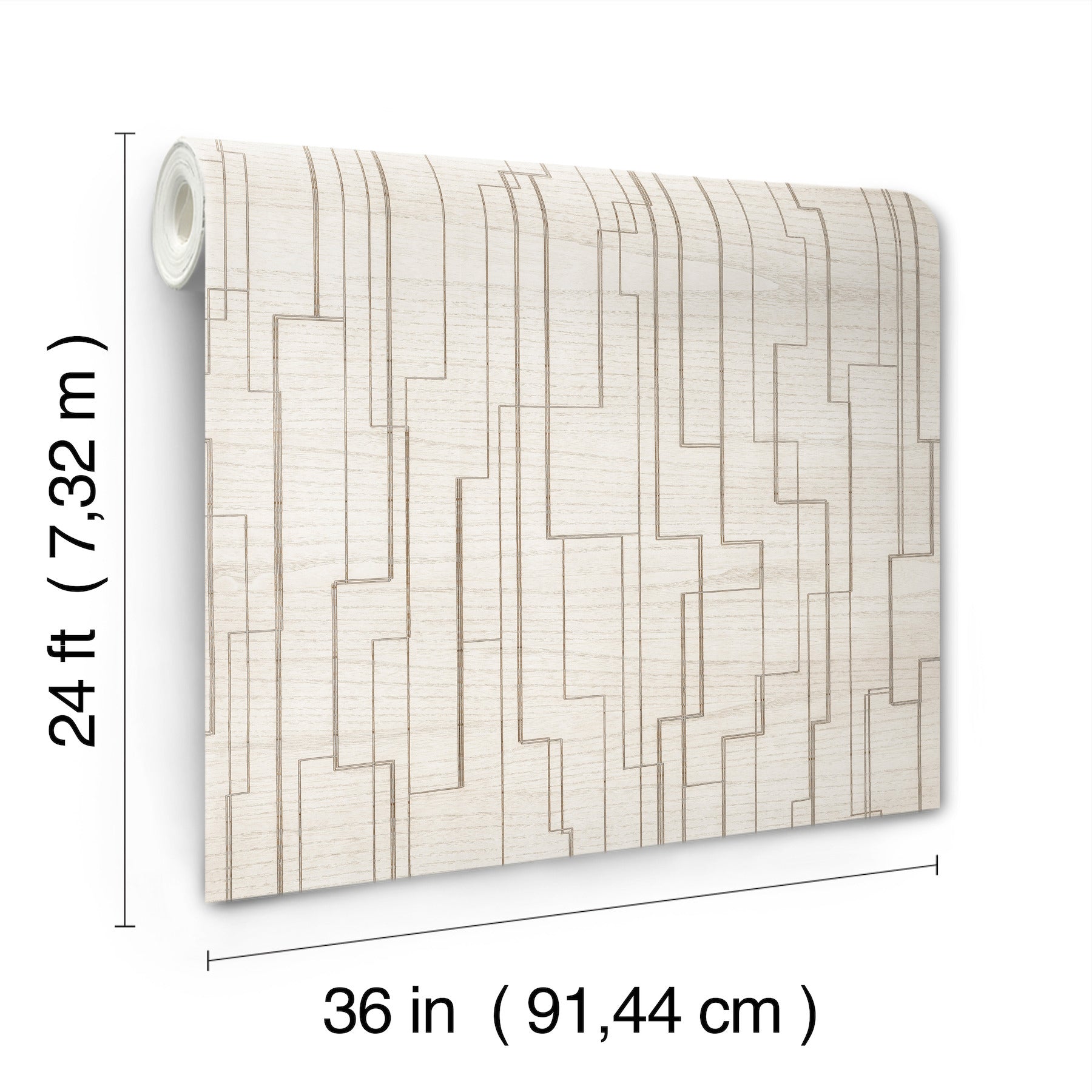 White wallpaper with wood-veneer texture in whites and off-whites; roll, 36 in wide, 24 ft long