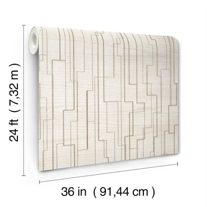 White wallpaper with wood-veneer texture in whites and off-whites; roll, 36 in wide, 24 ft long