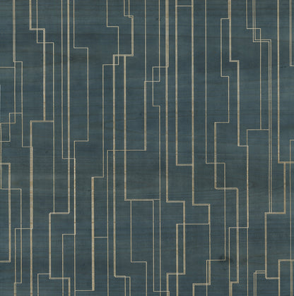 York Wallcoverings Grasscloth and Natural Resource Inlay Line Peacock Wallpaper Traditional Wood Veneer Blues   - GV0258