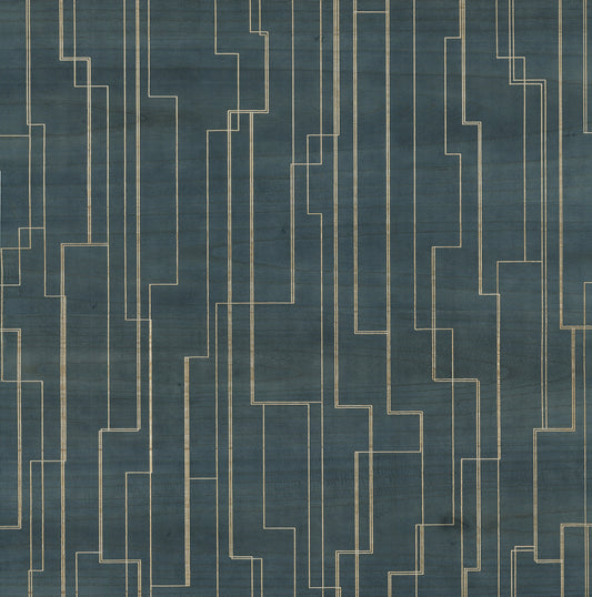 York Wallcoverings Grasscloth and Natural Resource Inlay Line Peacock Wallpaper Traditional Wood Veneer Blues   - GV0258