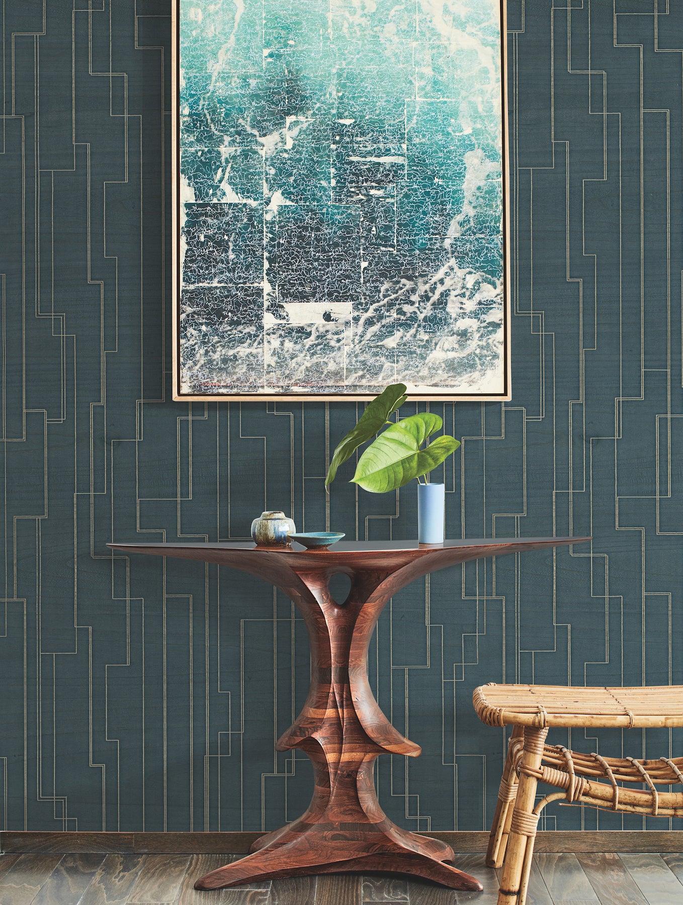 York Wallcoverings Grasscloth and Natural Resource Inlay Line Peacock Wallpaper Traditional Wood Veneer Blues   - GV0258