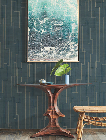 York Wallcoverings Grasscloth and Natural Resource Inlay Line Peacock Wallpaper Traditional Wood Veneer Blues   - GV0258