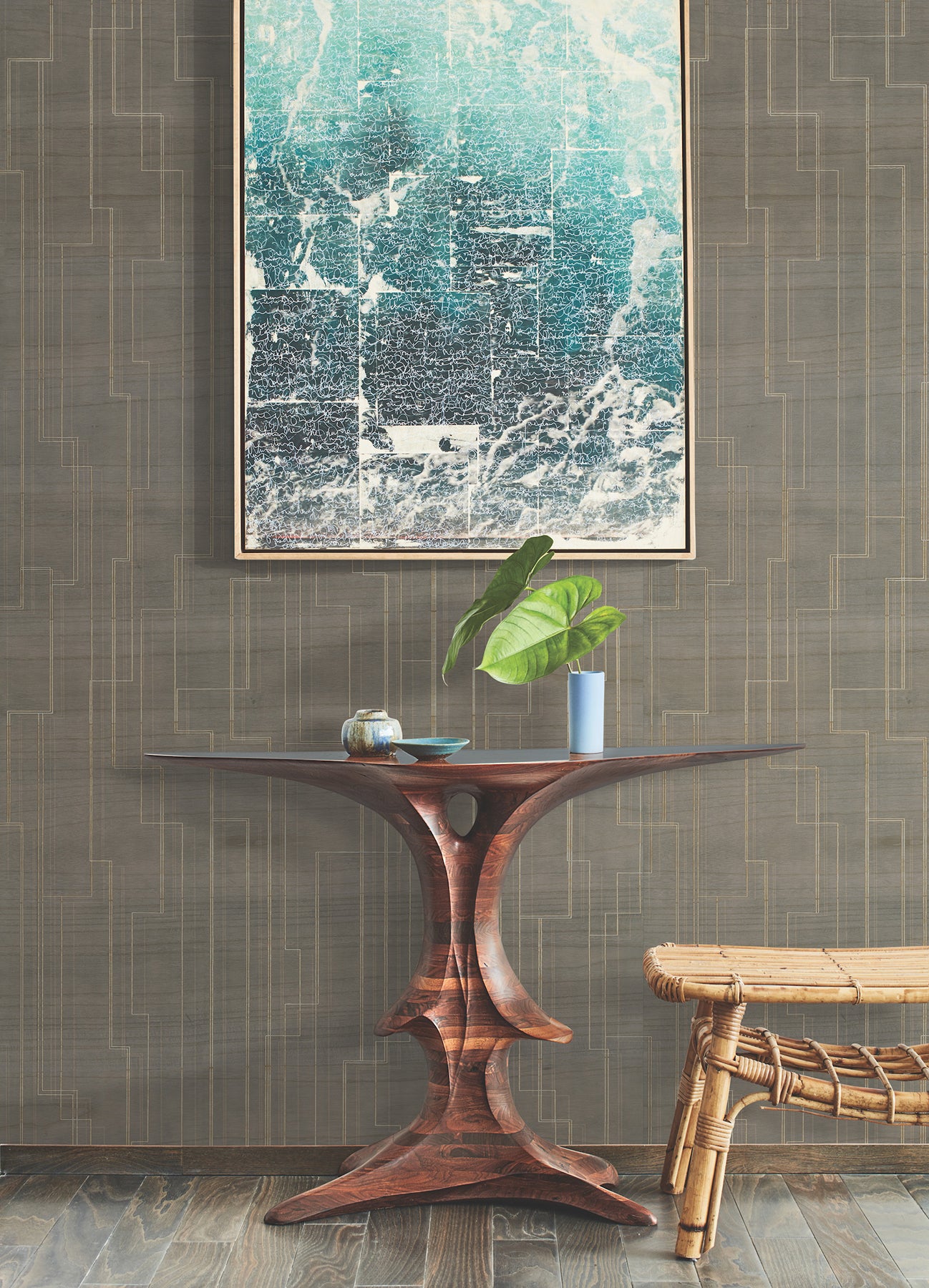 York Wallcoverings Grasscloth and Natural Resource Inlay Line Mink Wallpaper Traditional Wood Veneer Browns   - GV0259