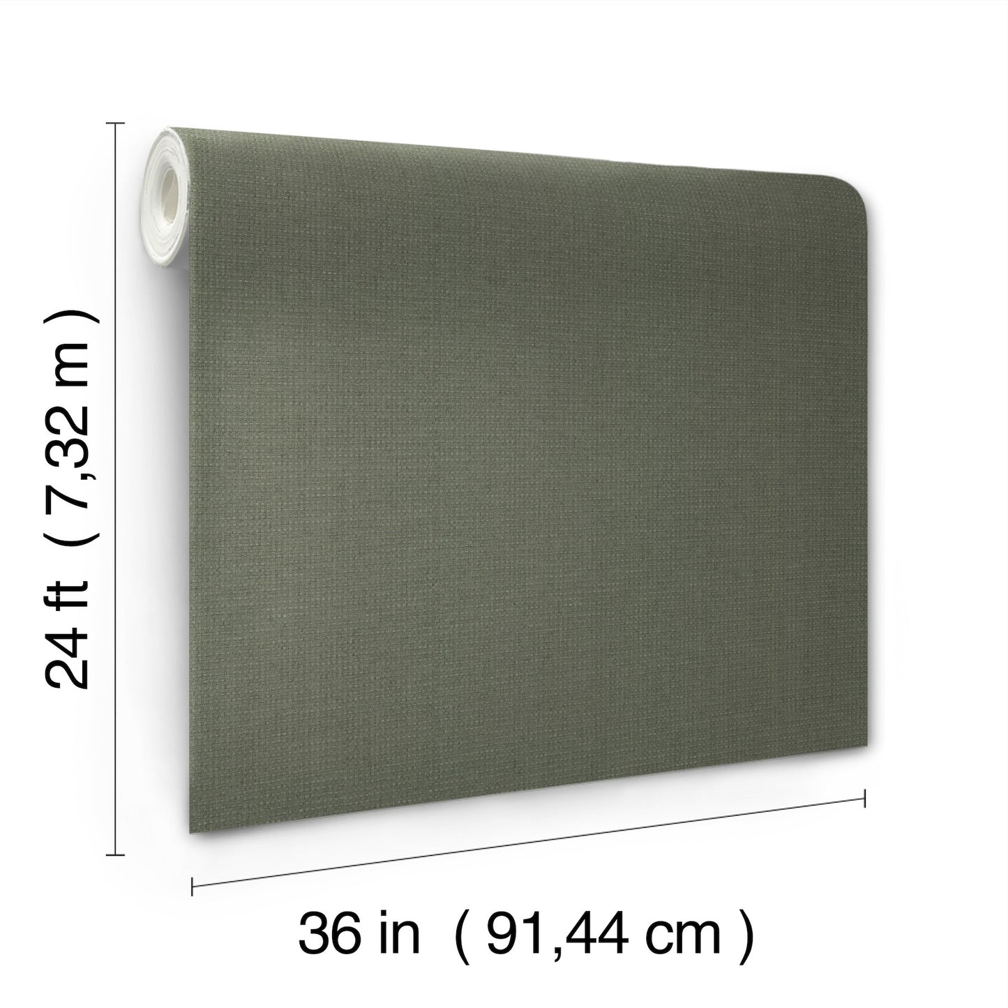 Grey-green textured grasscloth wallpaper roll with fabric-like weave, 36 in wide by 24 ft long.