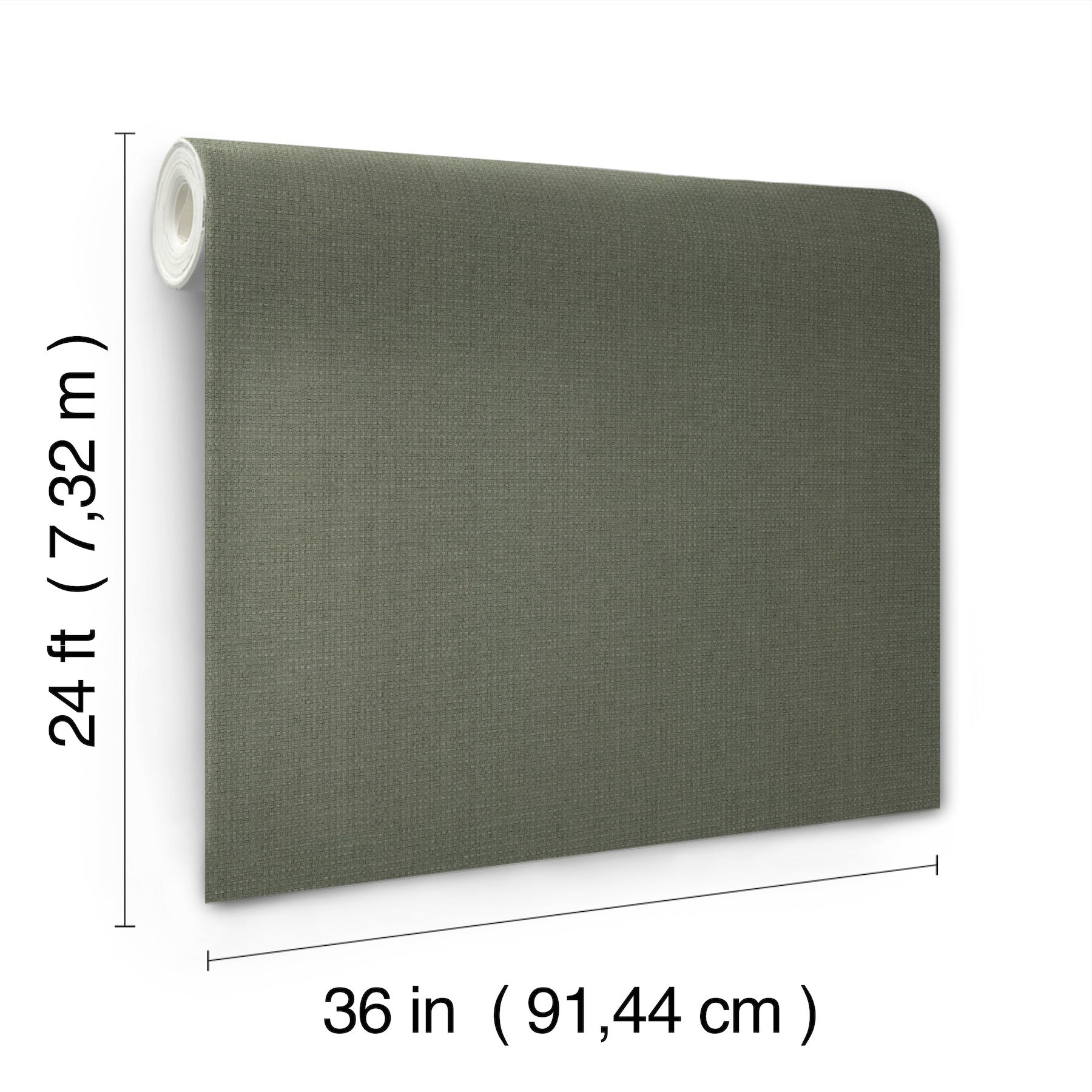 Grey-green textured grasscloth wallpaper roll with fabric-like weave, 36 in wide by 24 ft long.