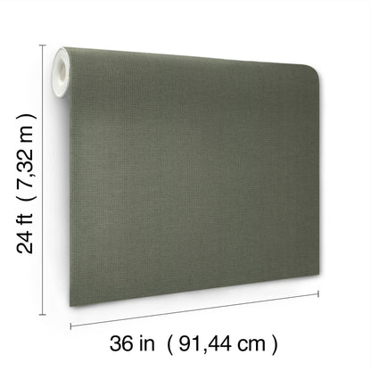 Grey-green textured grasscloth wallpaper roll with fabric-like weave, 36 in wide by 24 ft long.