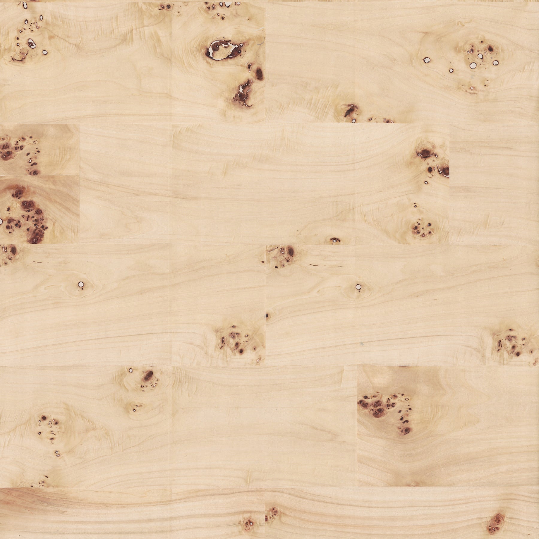 Beige wood-grain wallpaper with burlwood pattern, showing visible grain and natural knots, smooth finish.