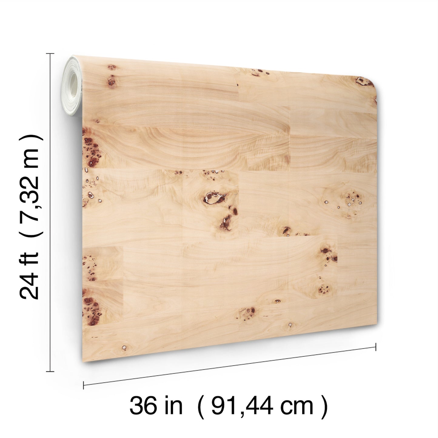 Beige Burlwood natural wood veneer wallpaper with knots and grain; left-edge rolled, 36 in wide by 24 ft long.