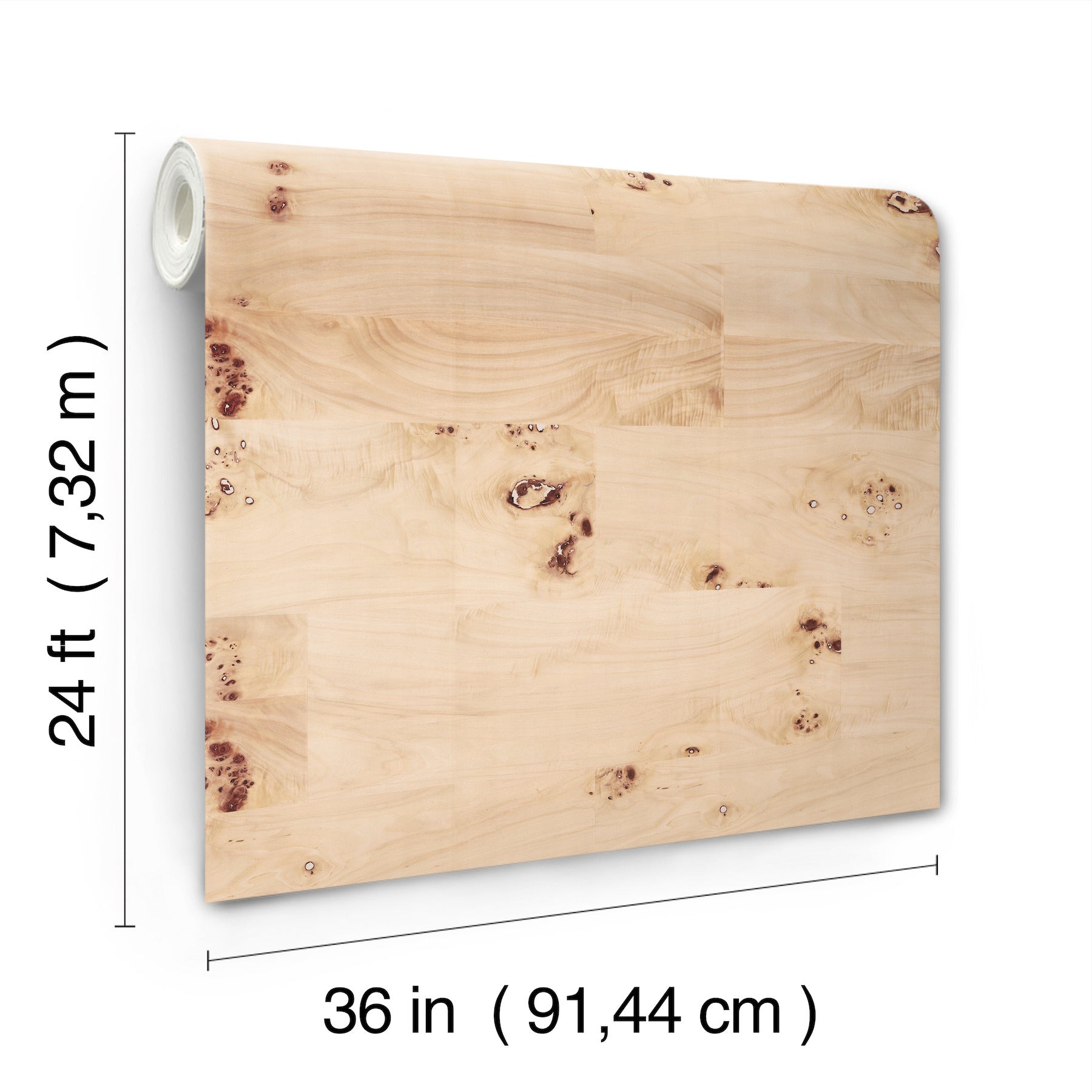 Beige Burlwood natural wood veneer wallpaper with knots and grain; left-edge rolled, 36 in wide by 24 ft long.