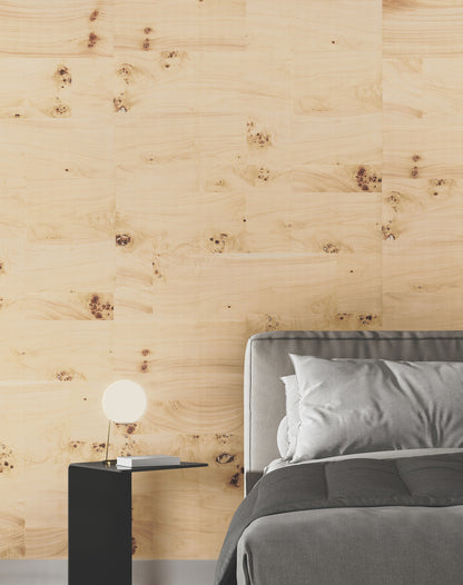 Bedroom feature wall covered with Burlwood natural wood veneer wallpaper in beige tones; a gray upholstered bed with gray bedding and a black nightstand are in the scene.