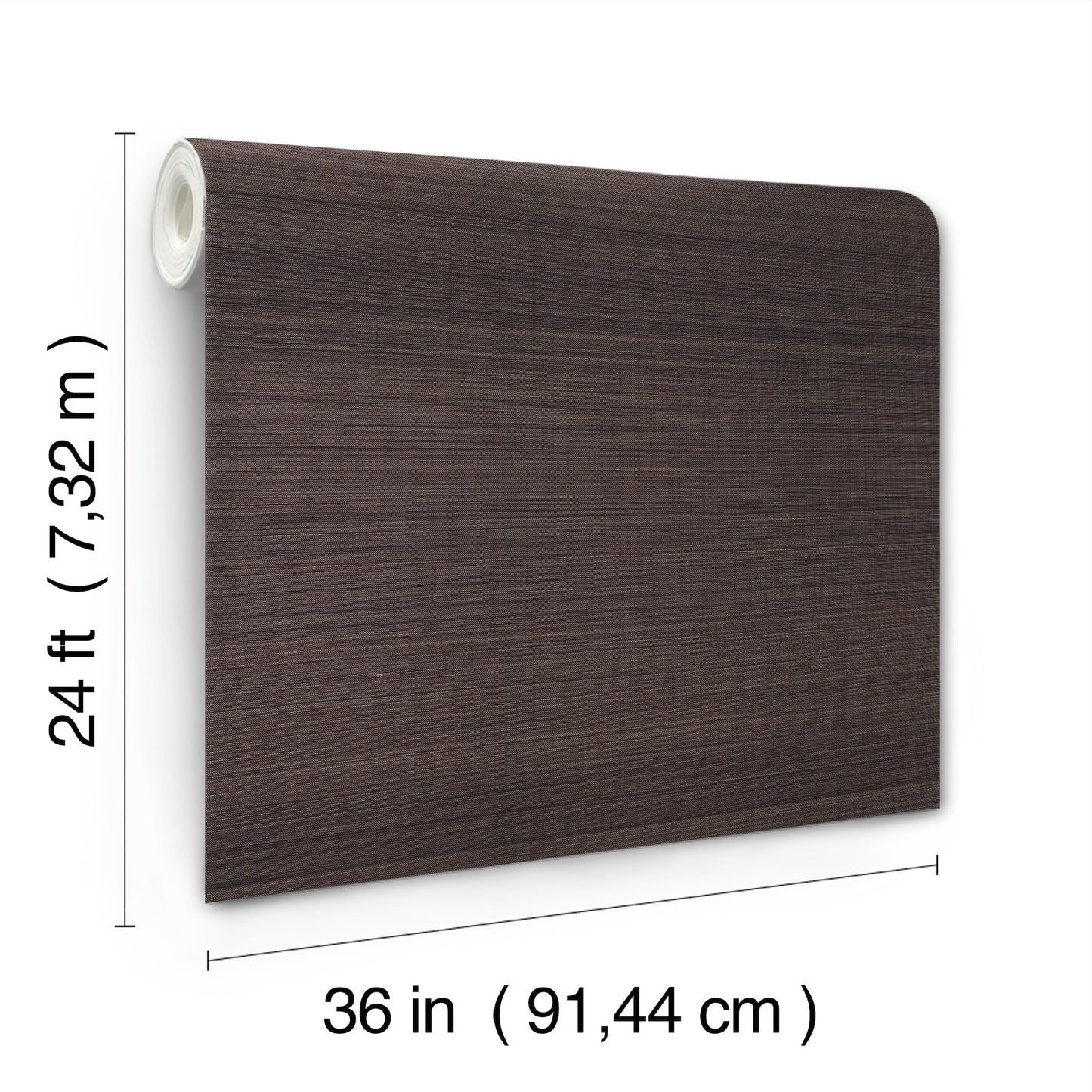 Dark walnut wood-grain wallpaper roll, 36 in wide by 24 ft long.