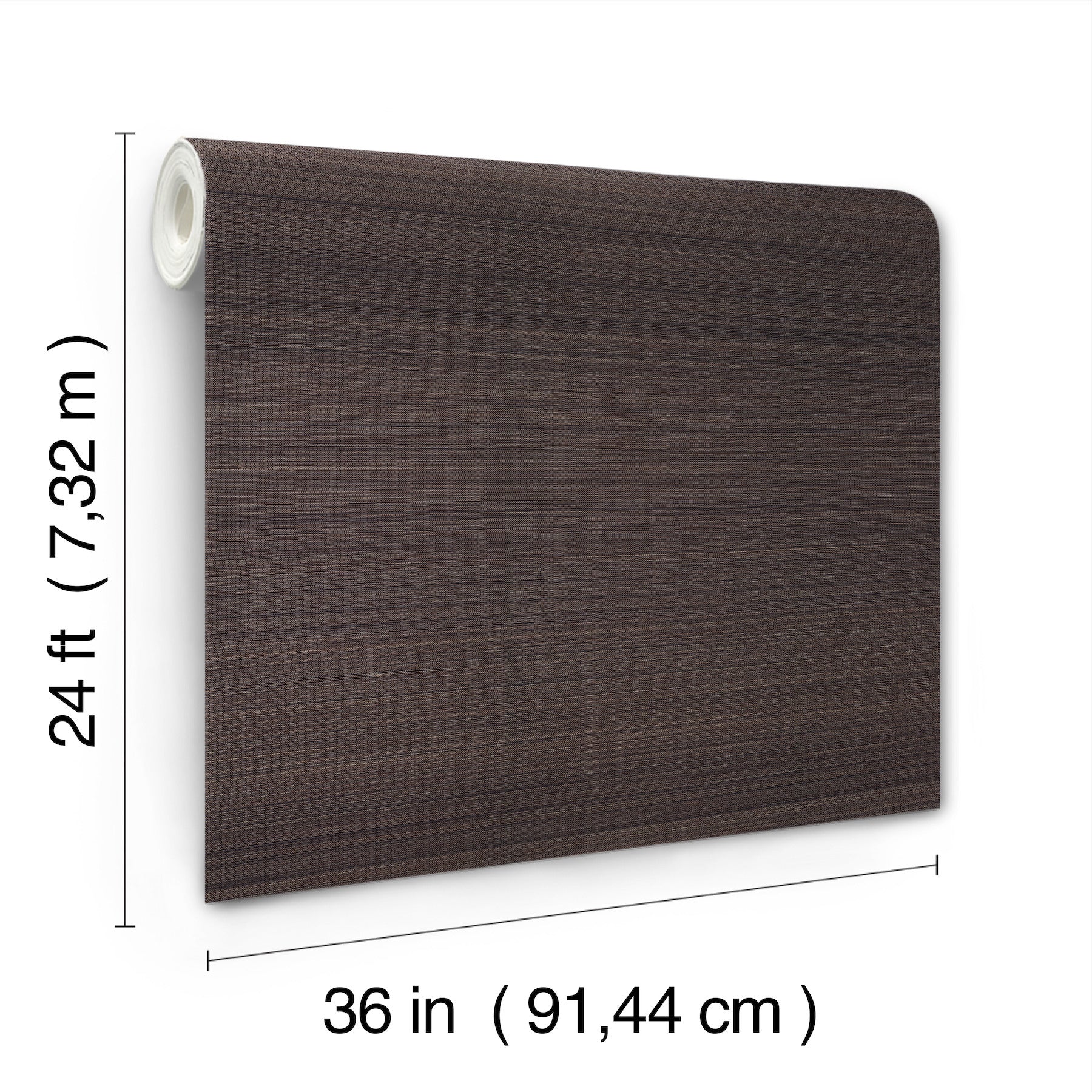 Dark walnut wood-grain wallpaper roll, 36 in wide by 24 ft long.
