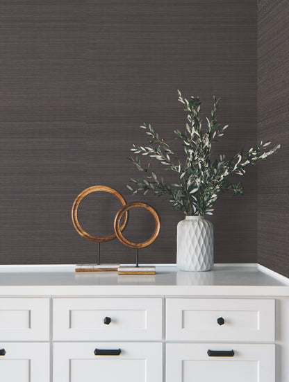 Black abaca grasscloth wallpaper with natural fiber texture.