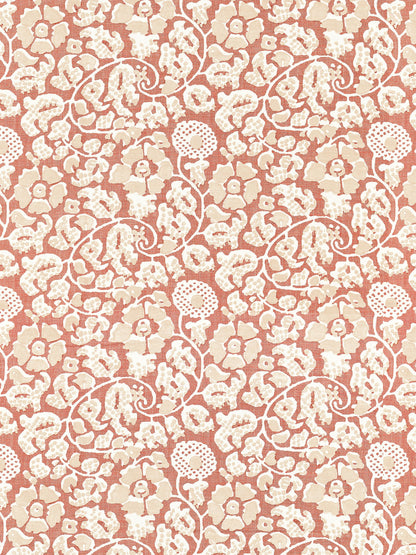 Terracotta Maiden Floral fabric with a damask floral pattern, dusty rose and pale pink flowers with scrolling vines.
