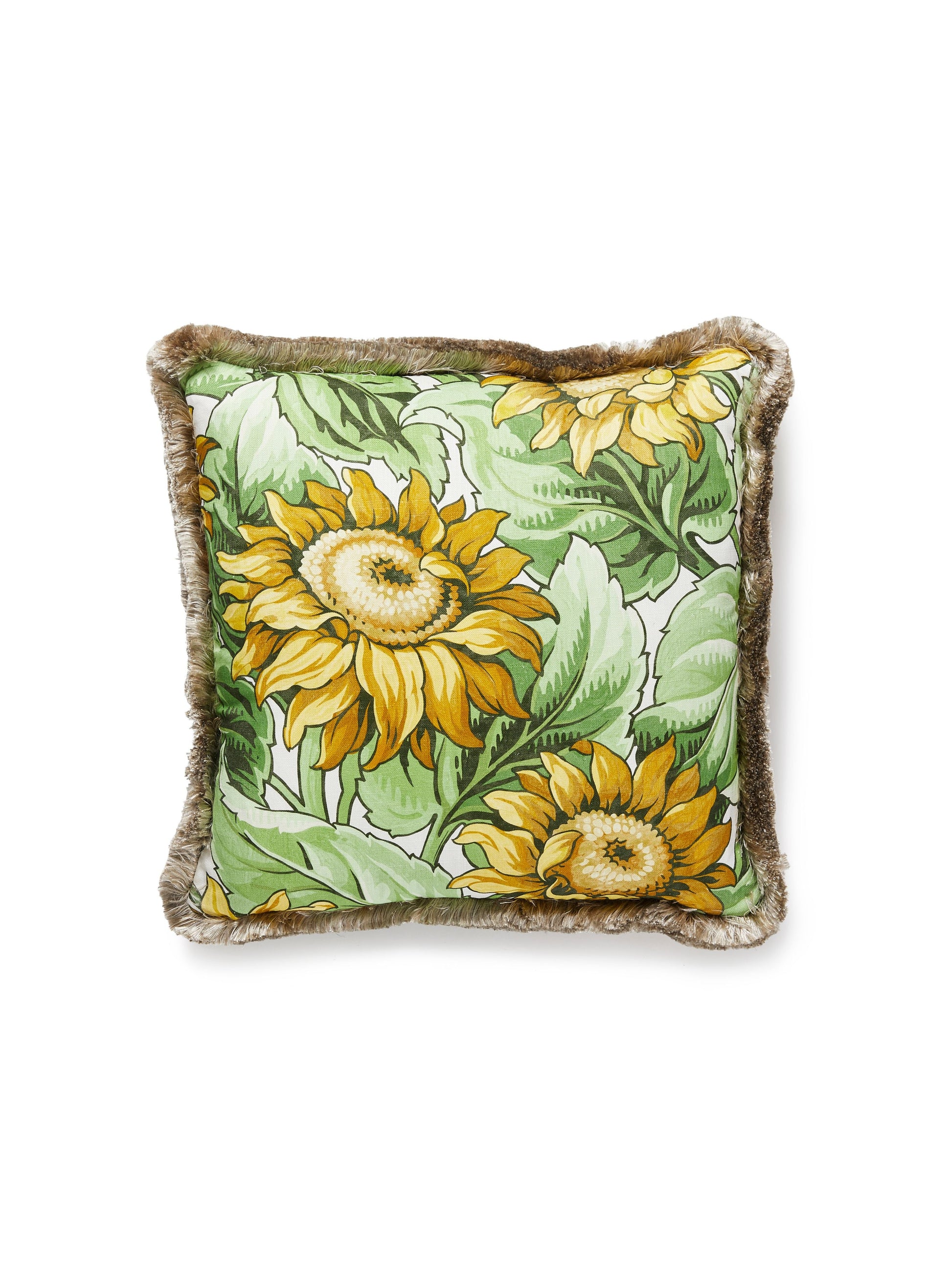 Square throw pillow with bright yellow sunflowers on mint-green background and brown fringe trim.