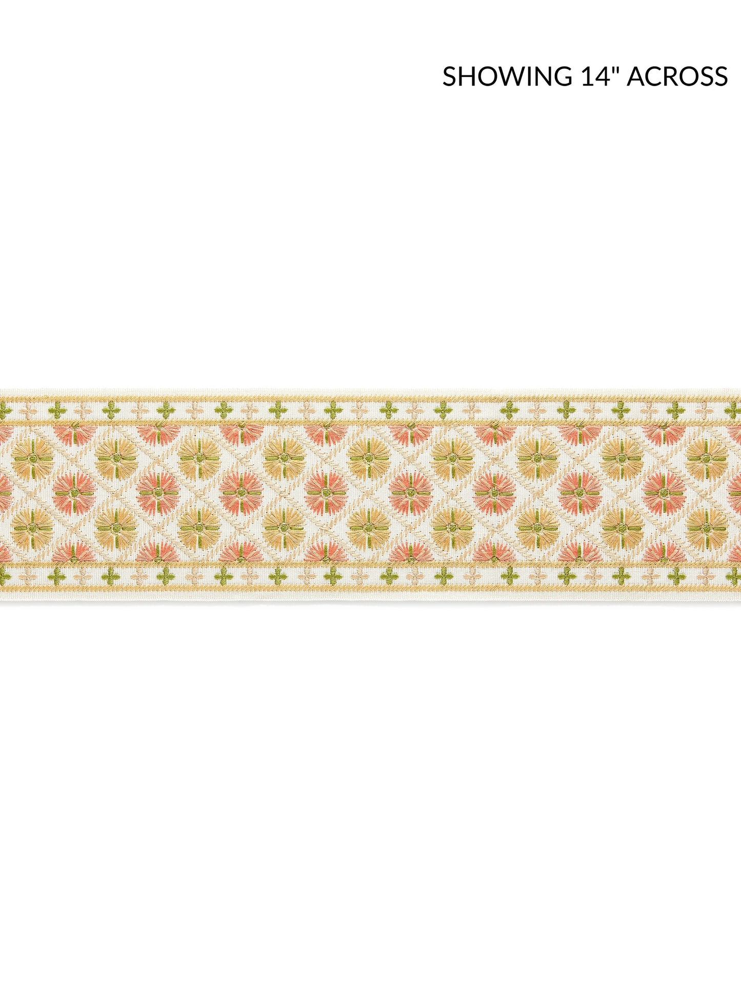 Embroidered tape fabric with peach floral medallions on cream, framed by green lattice borders and gold edging.