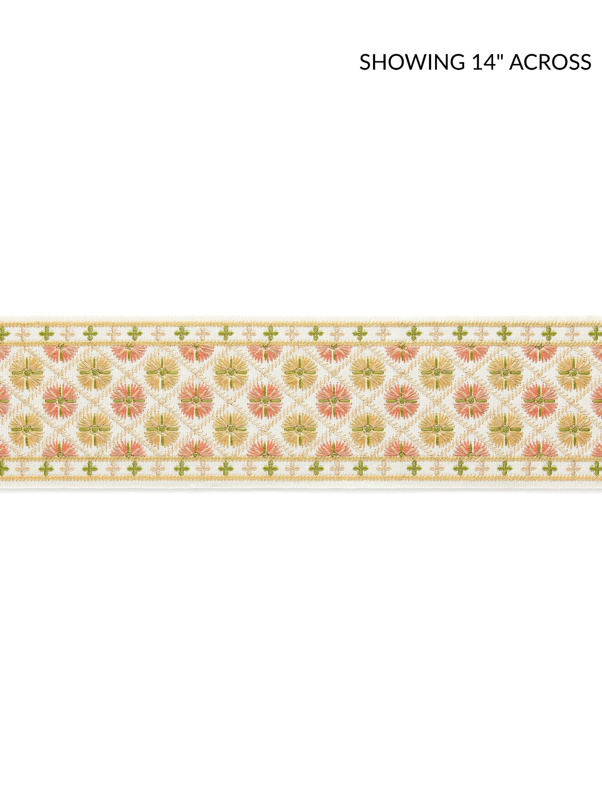 Embroidered tape fabric with peach floral medallions on cream, framed by green lattice borders and gold edging.