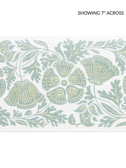 Light linen-textured printed tape fabric swatch featuring mint green botanical motif with ferns and citrus wedges.
