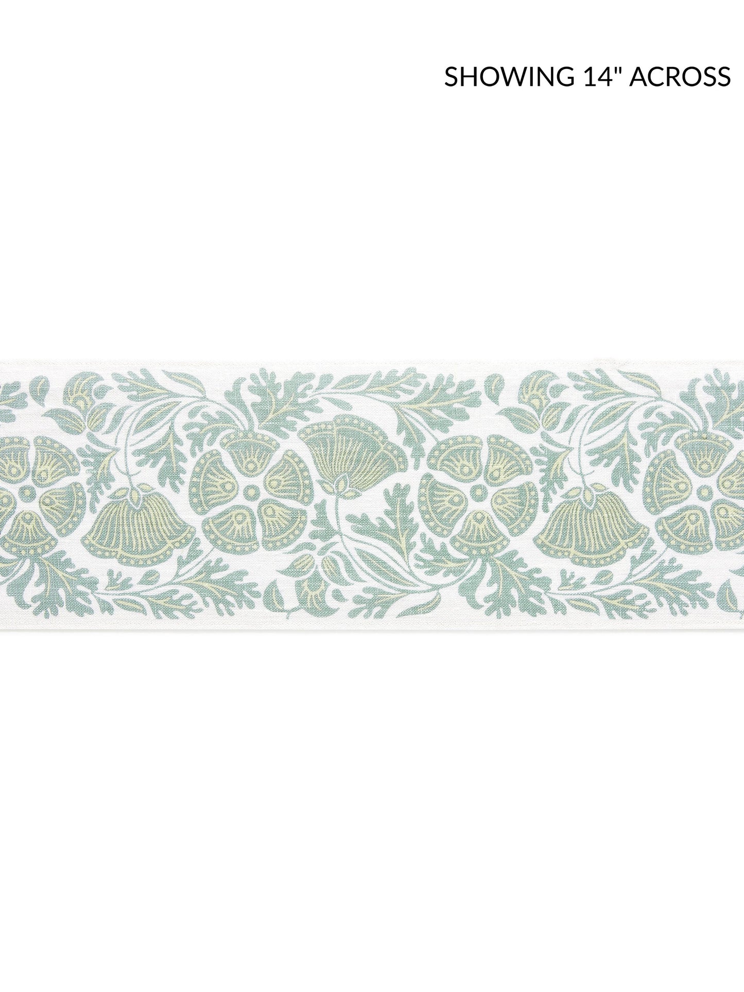 Teal floral border design with blossoms and leaves, repeating along a printed tape fabric.