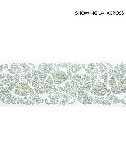 Teal floral border design with blossoms and leaves, repeating along a printed tape fabric.
