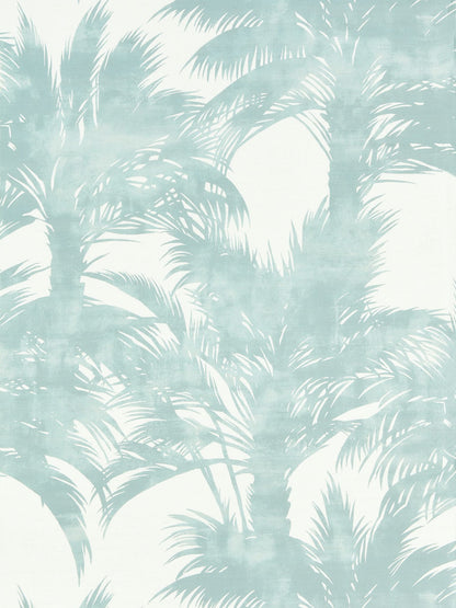 Teal palm tree pattern fabric with airy tropical fronds on pale cream background
