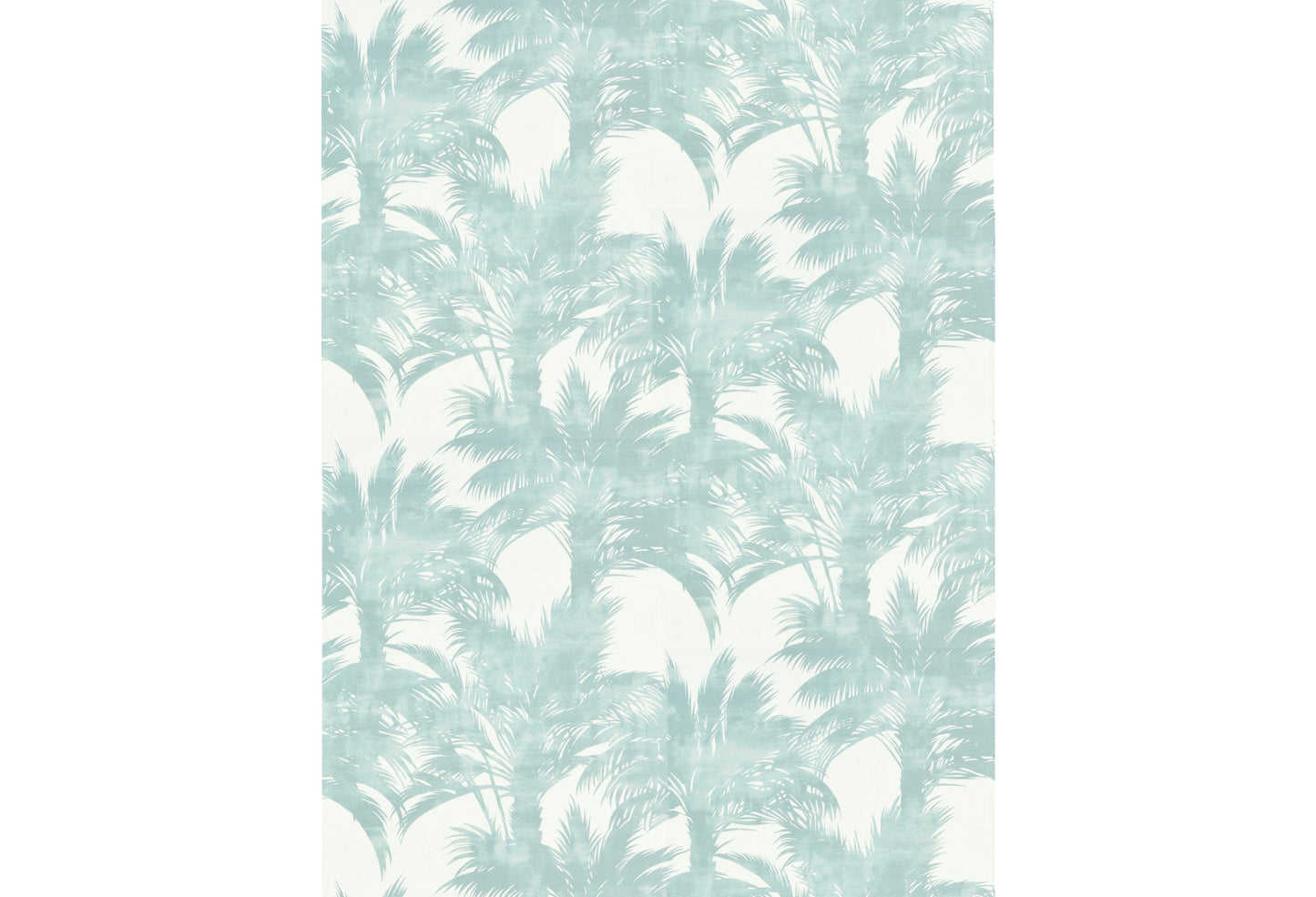 Teal palm tree print on a pale cream fabric background; tropical botanical design.