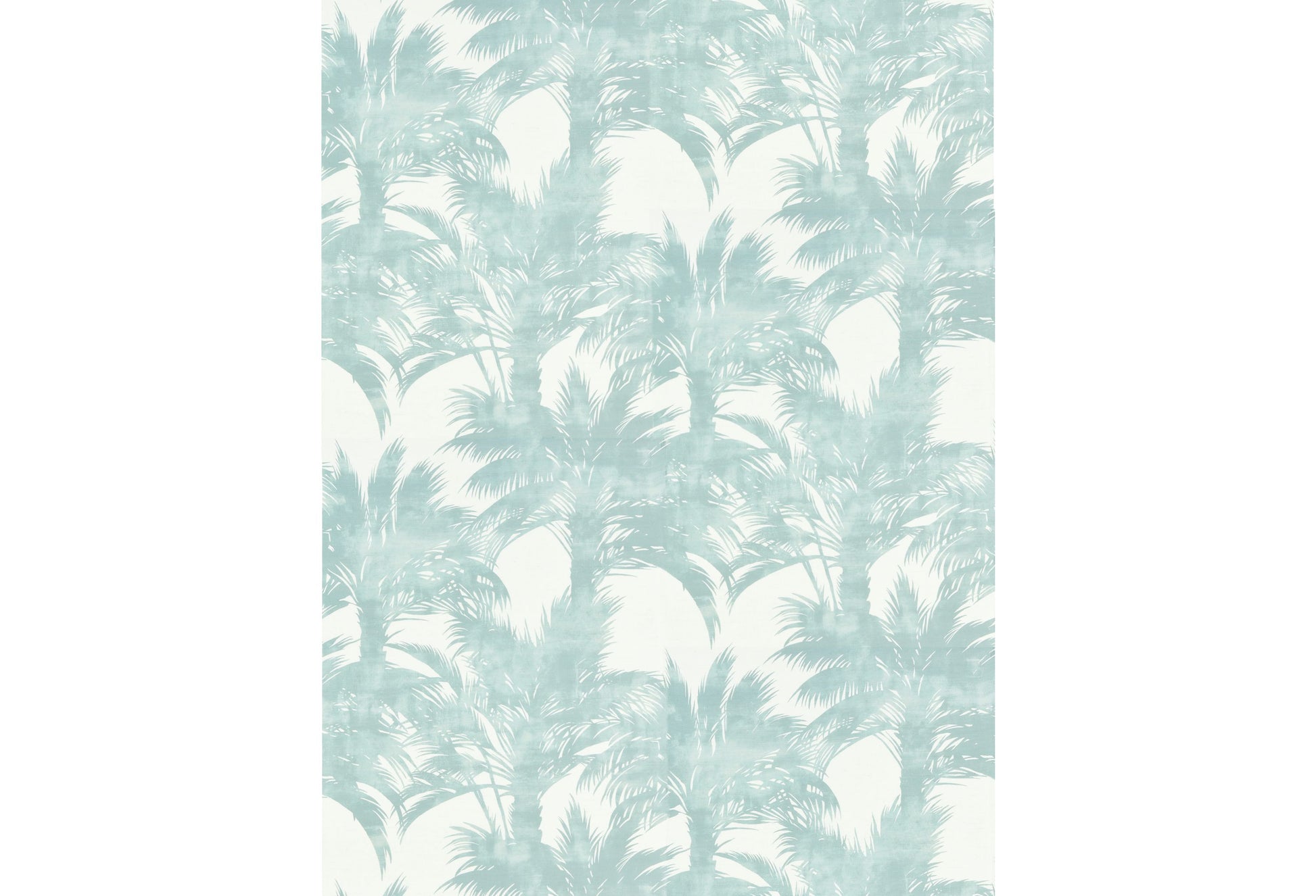 Teal palm tree print on a pale cream fabric background; tropical botanical design.