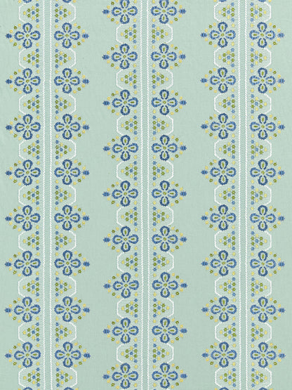 Embroidered fabric with a repeating vertical stripe pattern of blue floral motifs and white lace borders on a pale green background.