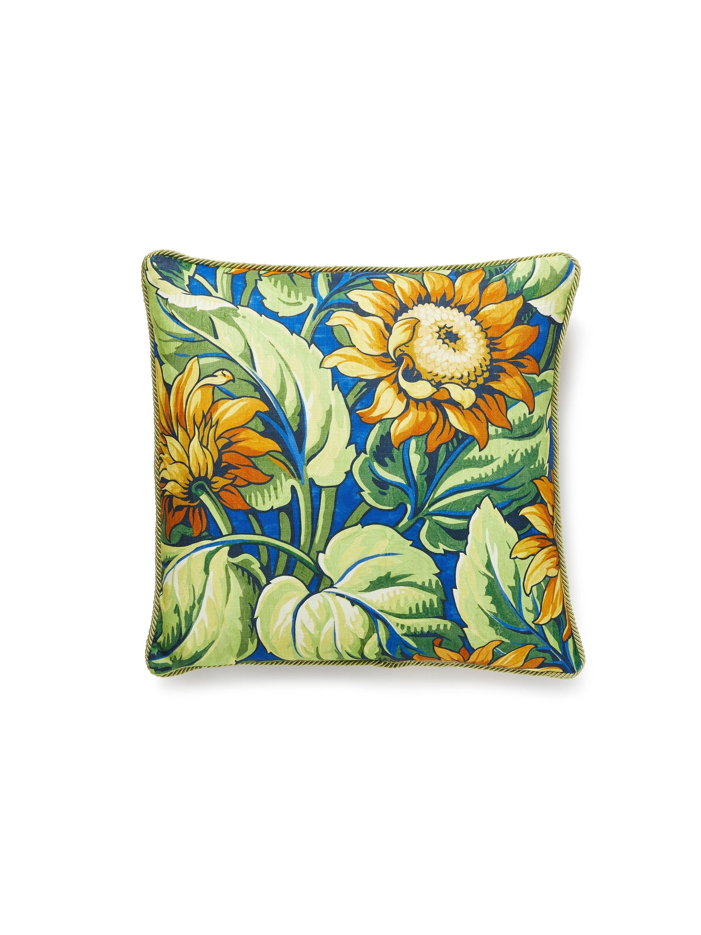 Square decorative pillow with botanical floral design, yellow/orange blooms and green leaves on a blue background, ideal for sofa or bed.